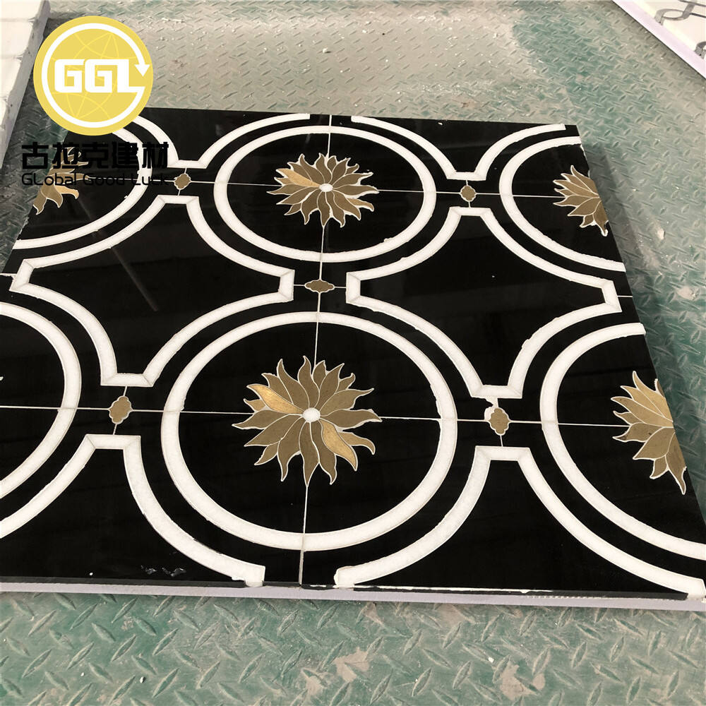 Black Marble Mosaic Tile Gold Sunflower Pattern Brass Inlay Mosaics for Wall Floor Tile