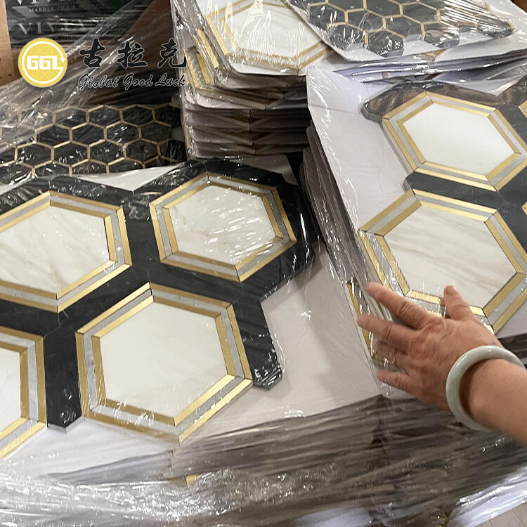 Hexagon Shape Marble With Brass Waterjet Mosaic Tile