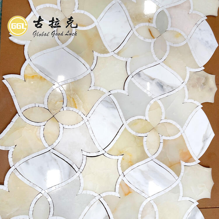 Lily Flower Design Mosaic Calacatta Gold with Onyx Marble Mosaic Tile Interior Decor