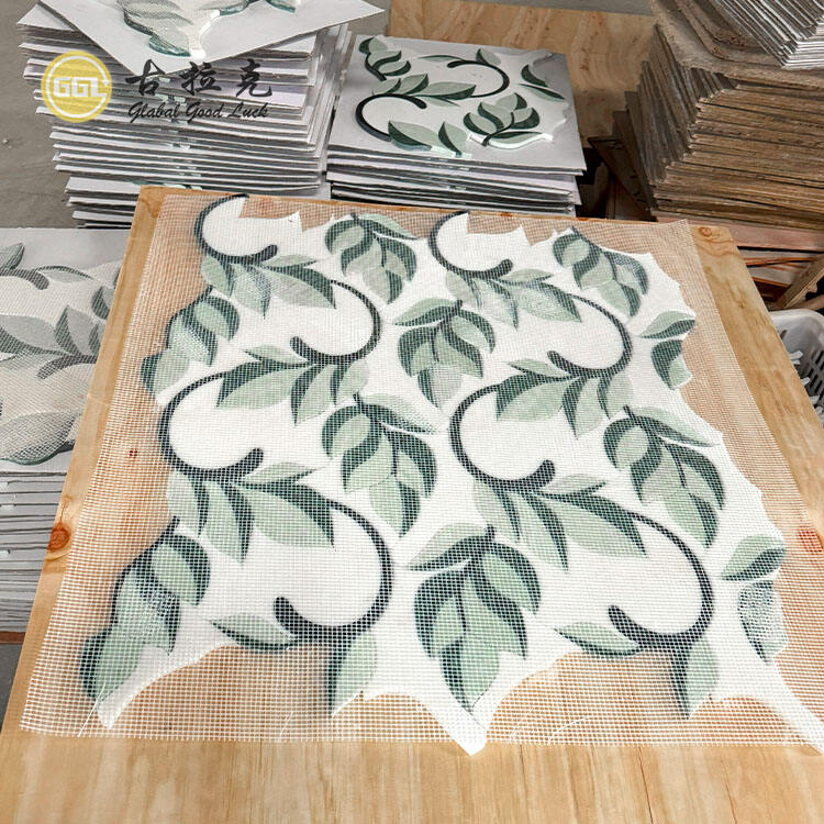 Natural Green Leaf Shape Pattern Waterjet Mosaic Tiles for Interior Decor