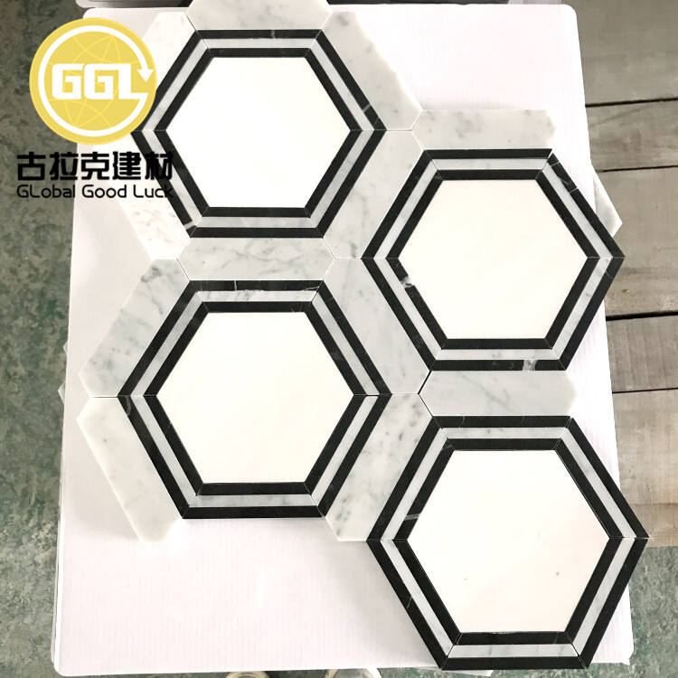 Polished Carrarra White Marble Mix Nero Black Marble Hexagon Shape Mosaic Tile For Home/Villa Wall/Floor Decor