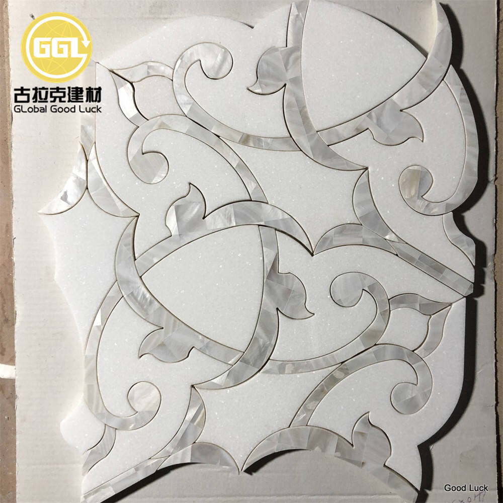 Unique Shape Pure White Marble Mix Mother of Pearl Waterjet Marble Mosaic