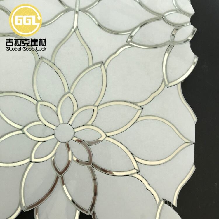 Antique Mirror Style Mosaic Tile Wateriet Glass and Carrara Marble Flower Pattern Mosaic Tile