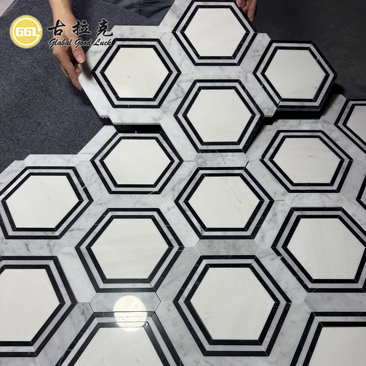 Hexagon Black White Marble Stone Mosaic Tile for Home Flooring Decor