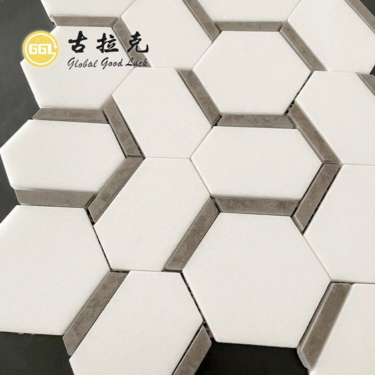 White Hexagon Marble Mosaic Tile with Brown Edge Stone Tile for Home Decor