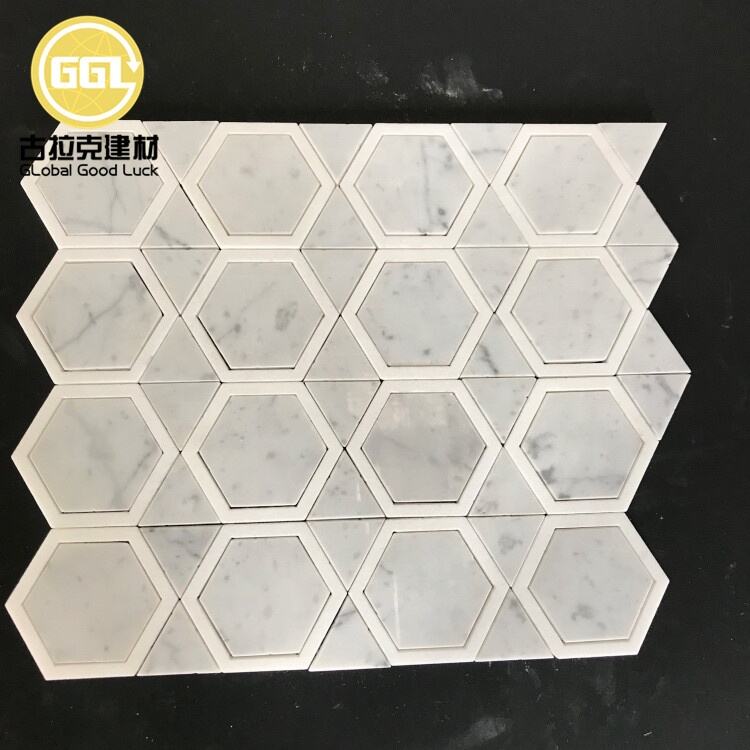 Hexagon Shape Mix Triangle Marble Carrara White Parquet Feature Marble Mosaic Tile