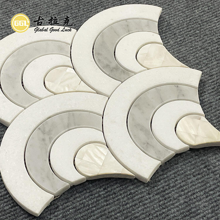 Marble Inlay With Shell Fan Shape Waterjet  Mosaic For Floor and Wall Tiles