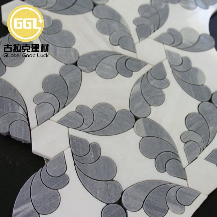 Unique Shape White Mix Grey Marble Pattern Waterjet Mosaic For Wall And Flooring Tiles