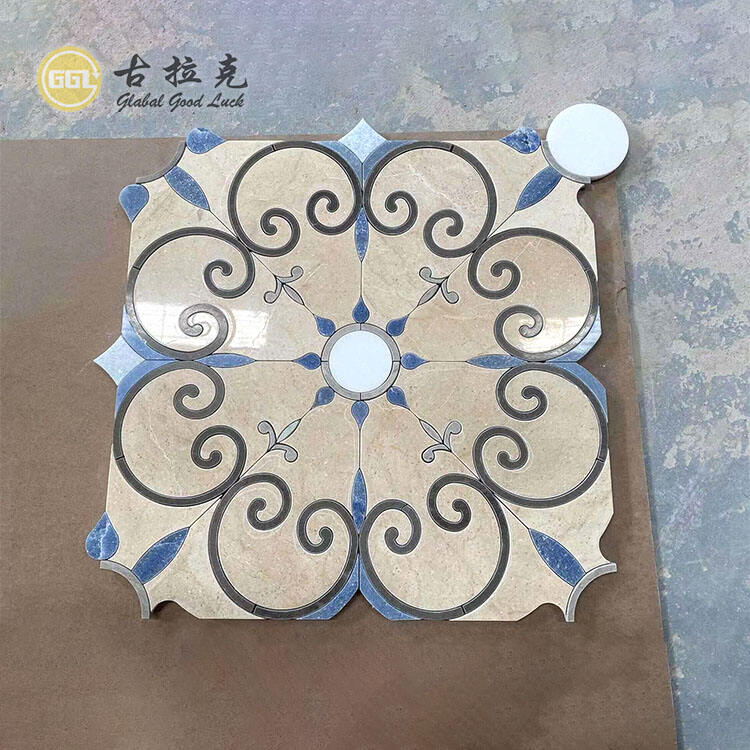 Flower Design Marble Mosaic Tile Blue Beige Stone Tile for Villa Home Decoration