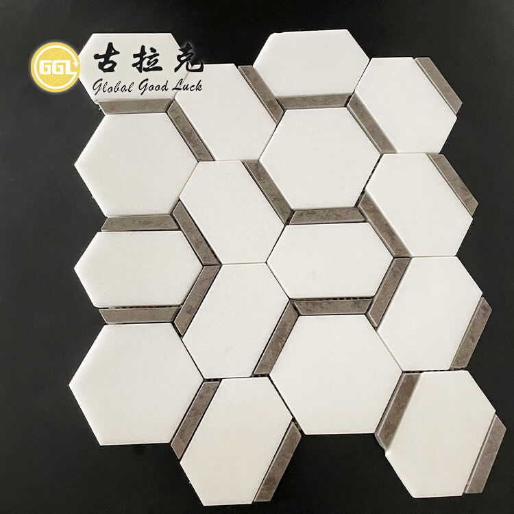 White Hexagon Marble Mosaic Tile with Brown Edge Stone Tile for Home Decor