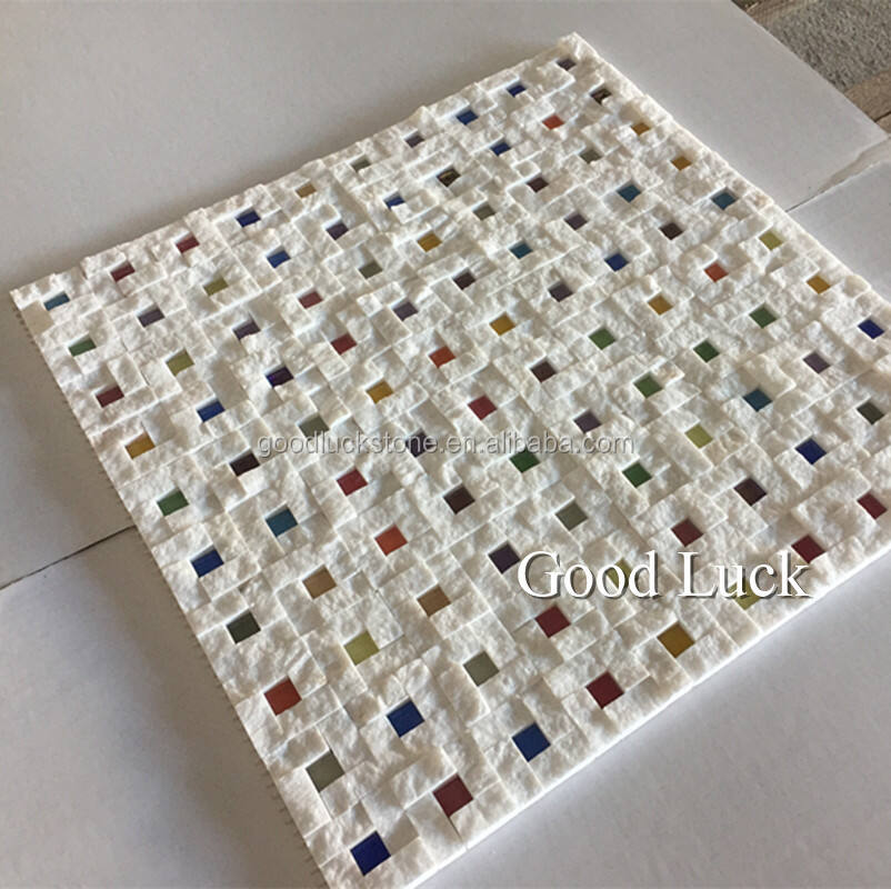 Natural Marble White With Colorful Dots Basket Weave Marble Mosaic Tiles