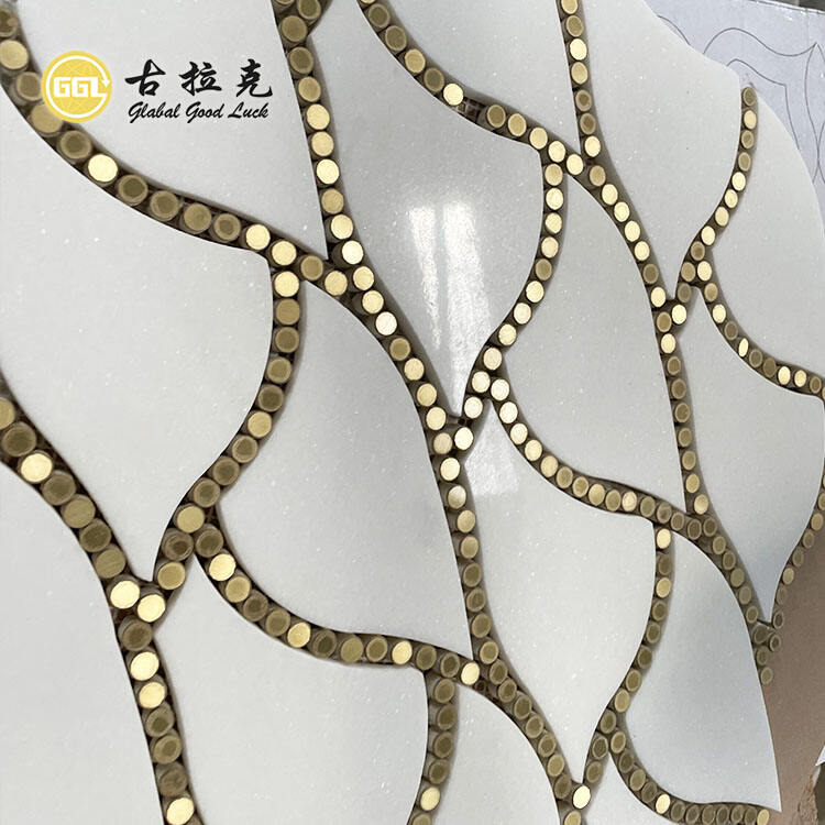 Thassos White Marble Mix Round Brass Pattern Waterjet Mosaic Tile