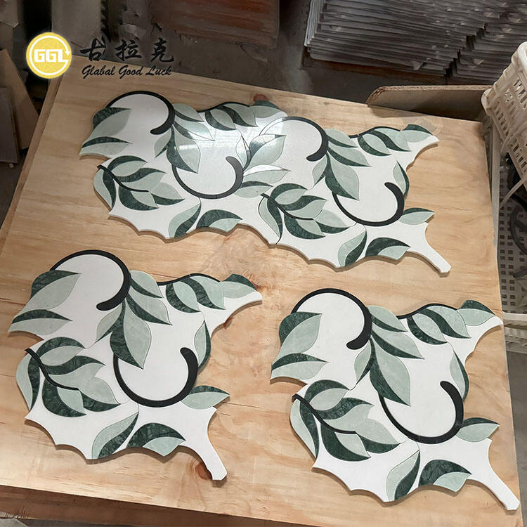 Leaf  Design Green and White Marble Mosaic Tiles