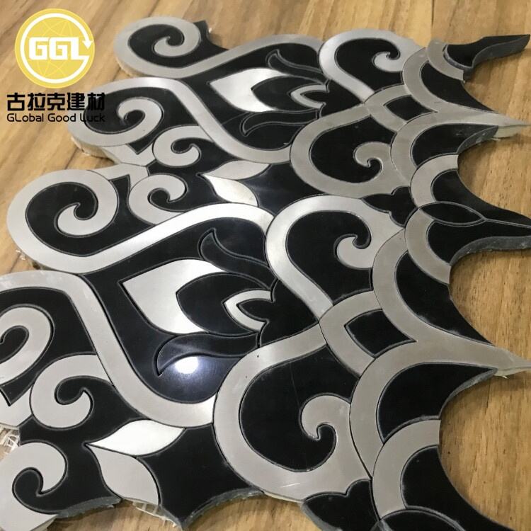 Black Marble Mix Stainless Steel Waterjet Mosaic Elegant Design Tile for Interior Decoration
