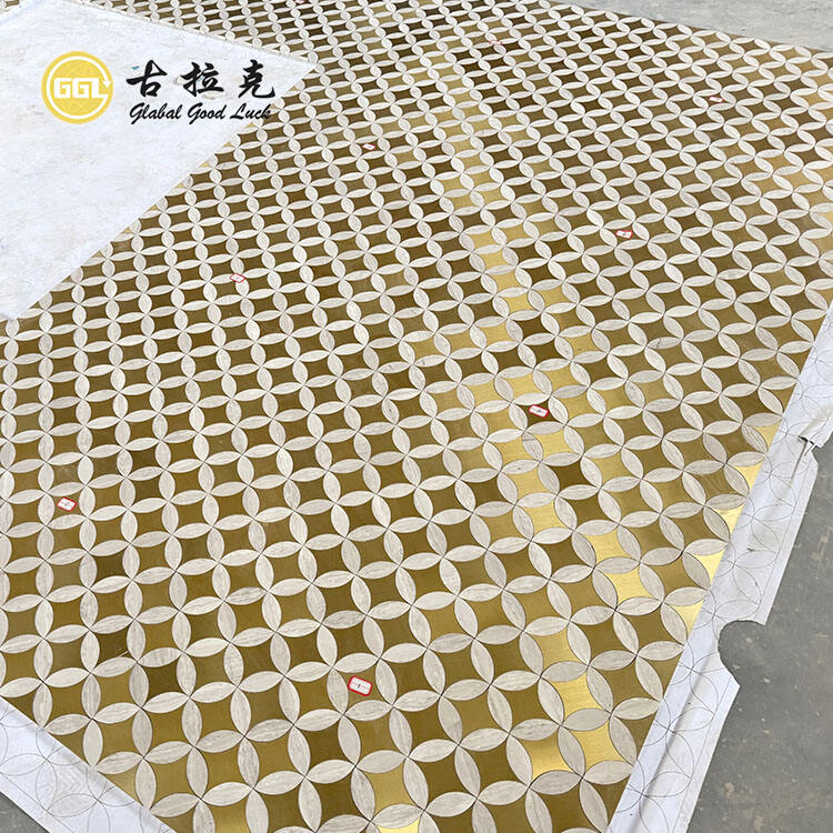 Wood Marble Inlay With Brass Parquet Waterjet Mosaic T