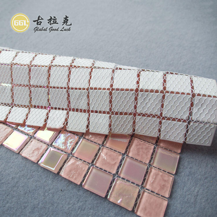 Pink Iridescent Design Square Shape Pool Glass Mosaic Tile