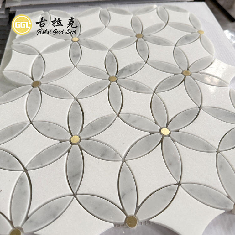 Marble Inlay With Dot Brass Waterjet Mosaic for Kitchen Wall Backsplash Tile