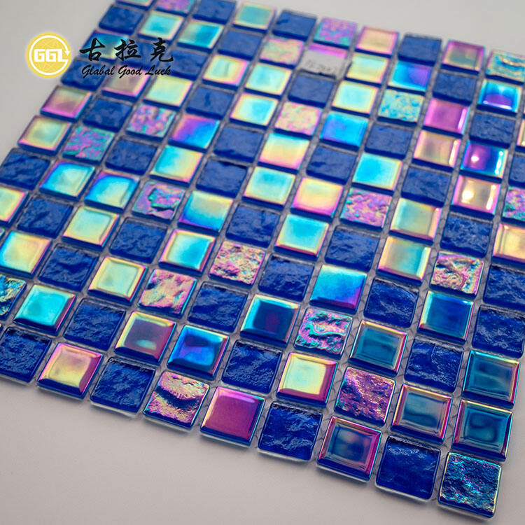 Ocean Blue Glass Mosaic Tile Iridescent Rainbow Tile for Swimming Pool Decor