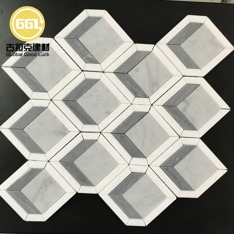 4 Inches Thassos White Mix Combined Light and Dark Blue Tile Noble Diamond Design Marble Mosaic Tile for Fireplace Decor