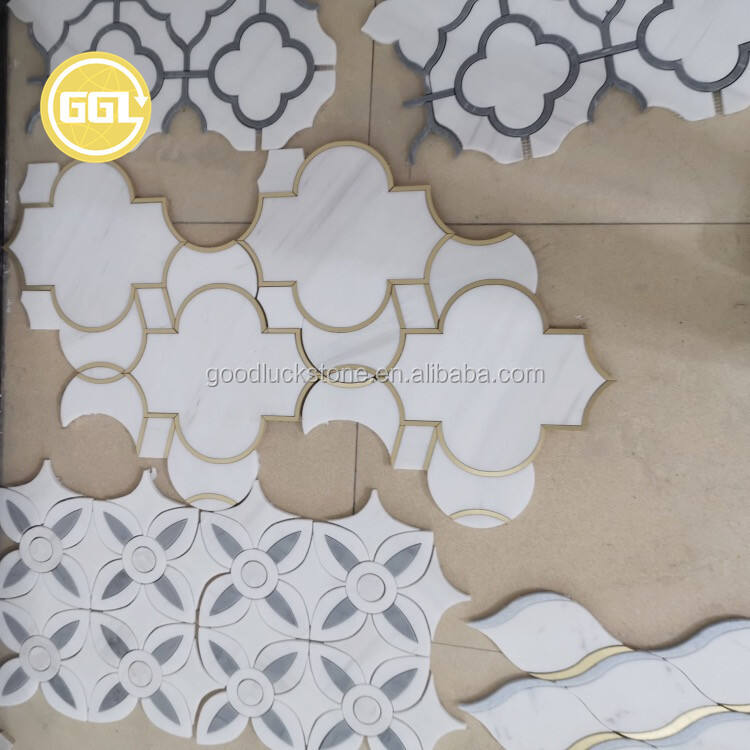 Lantern Shape Marble Waterjet Mosaic Inlay Brass For Wall Floor Tile