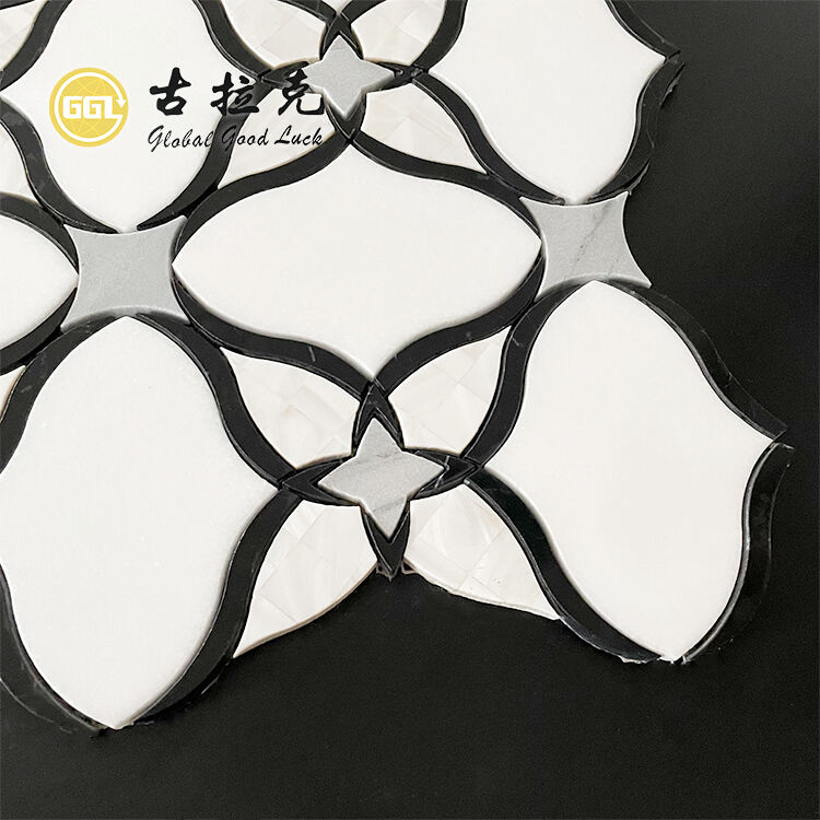 Flower Design Black White Marble Mix Pearl Shell Mosaic Tile