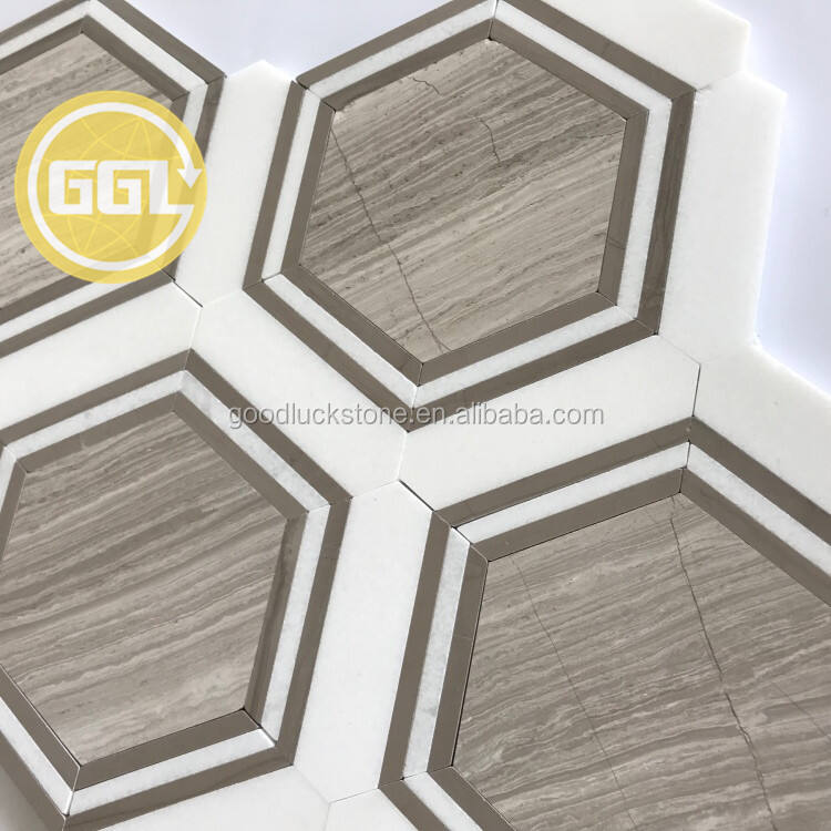 Atypical Marble Mosaic Tile Thassos White With Coffee Color Marble Wood Grain Mosaic Tile for Home/Kitchen Wall/Floor Decor