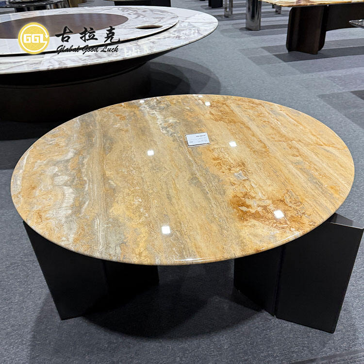 Italy Travertine Golden Table Set Round Marble Luxury Design Coffe Table