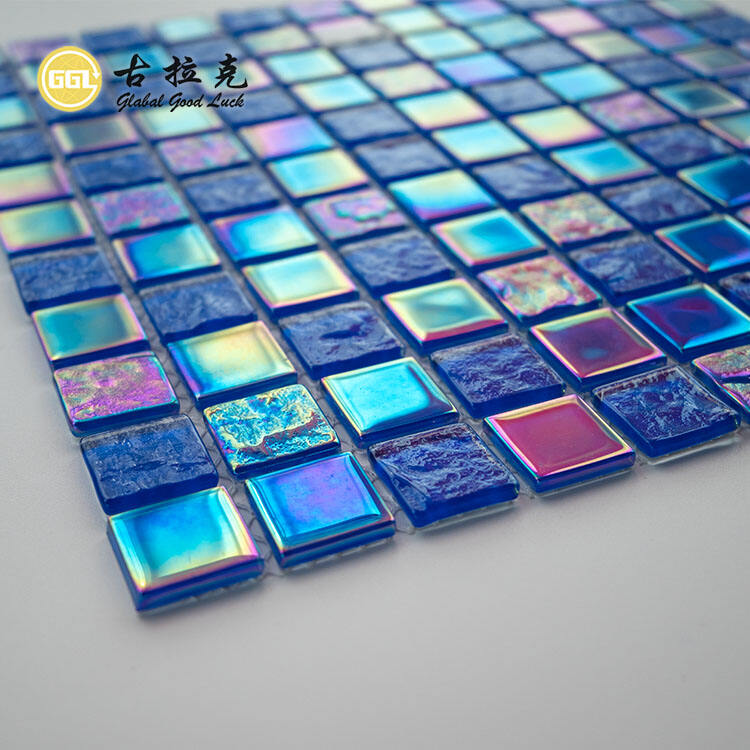 Ocean Blue Glass Mosaic Tile Iridescent Rainbow Tile for Swimming Pool Decor
