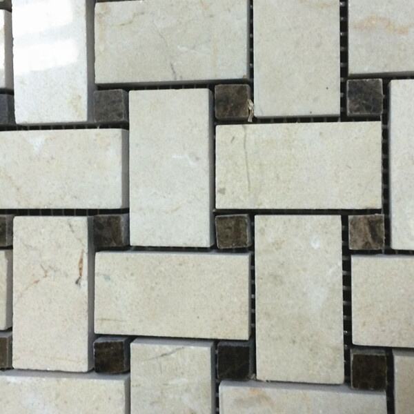 Crema Marfil Basketweave With Brown Dots Marble Mosaic For Kitchen Tiles