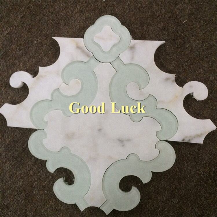 Fashion Design White Marble Mix Green Glass Waterjet Art Wall Mosaic Tile