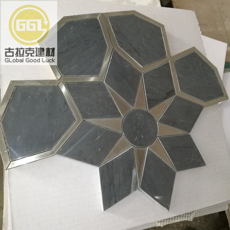 Sun Style Mosaic Tile Black Marble Mix Star Mirror Waterjet Pattern Tile