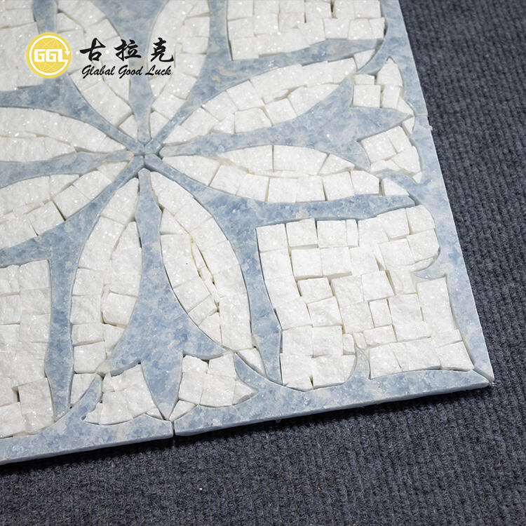 Hand-made Flower Waterjet Marble Thassos White Mix Blue Mosaic Tile