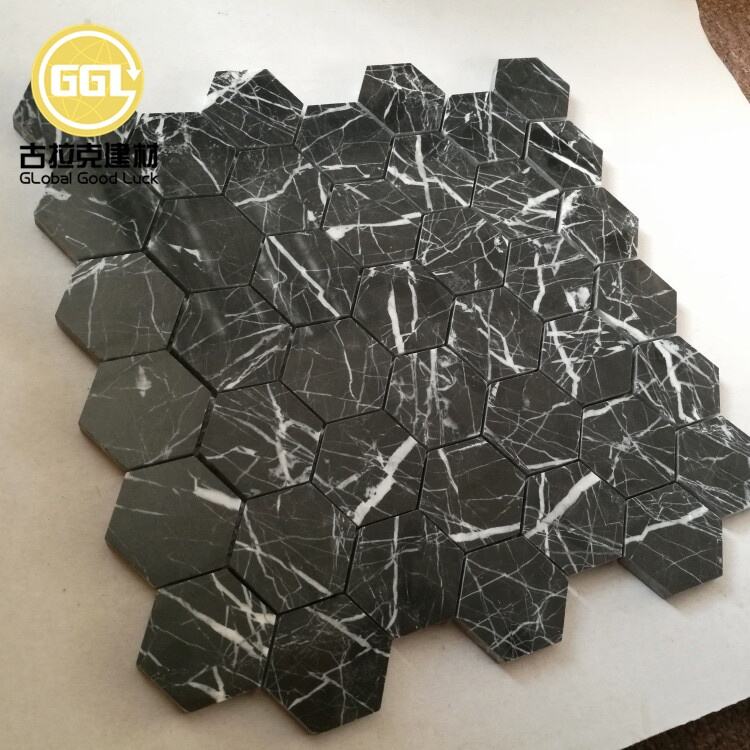 Nero Marquina Marble Hexagon Mosaic Wall And Flooring Tile