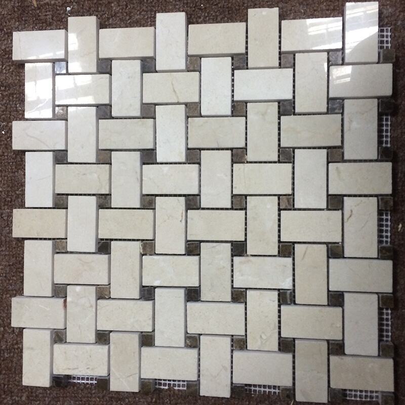 Crema Marfil Basketweave With Brown Dots Marble Mosaic For Kitchen Tiles