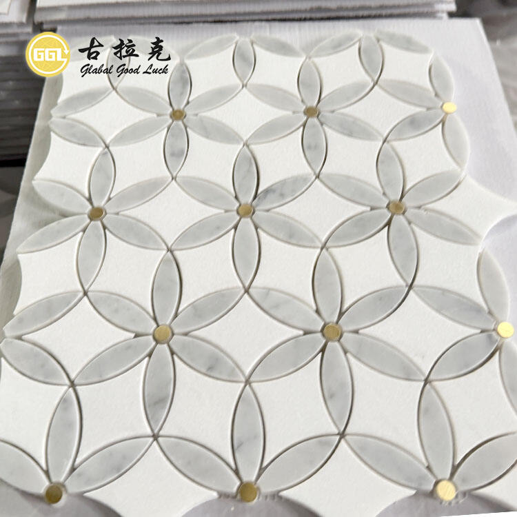 Marble Inlay With Dot Brass Waterjet Mosaic for Kitchen Wall Backsplash Tile