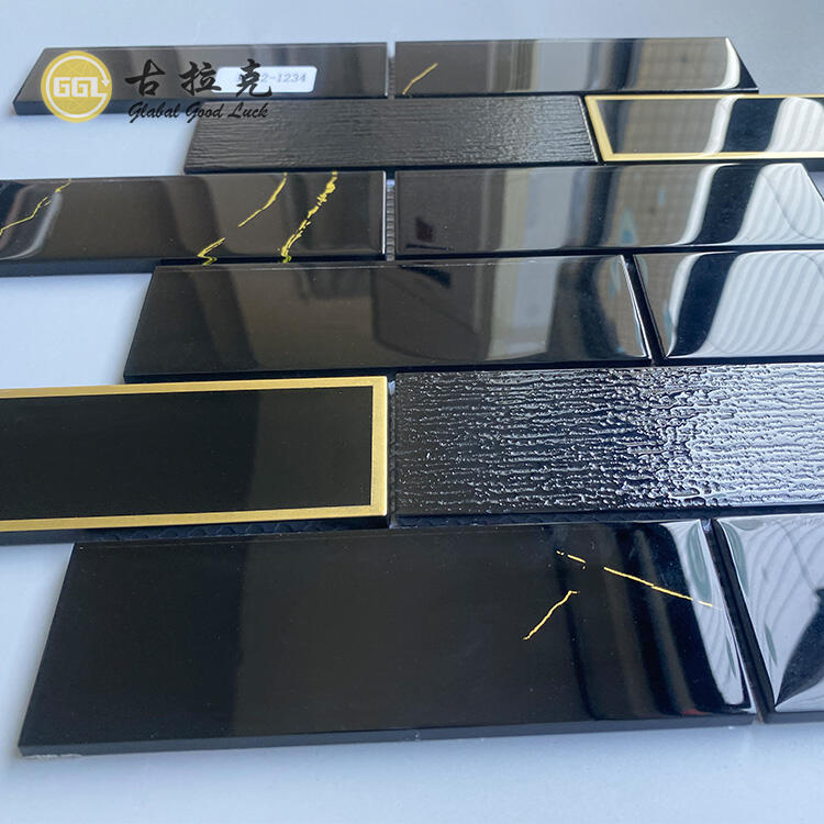 Pure Black Glass Mix Sliver&Gold Edged Glass Mosaic Tile For Wall