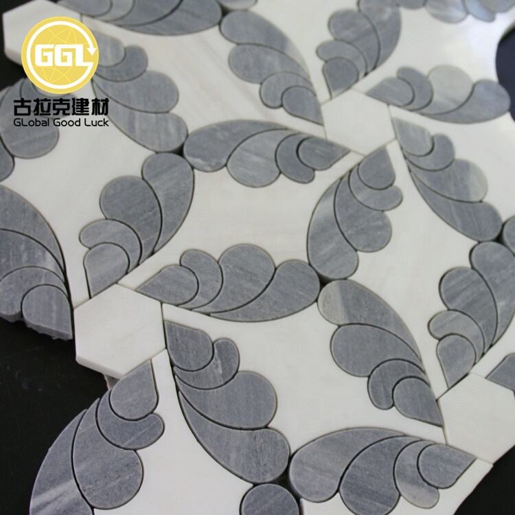 Unique Shape White Mix Grey Marble Pattern Waterjet Mosaic For Wall And Flooring Tiles