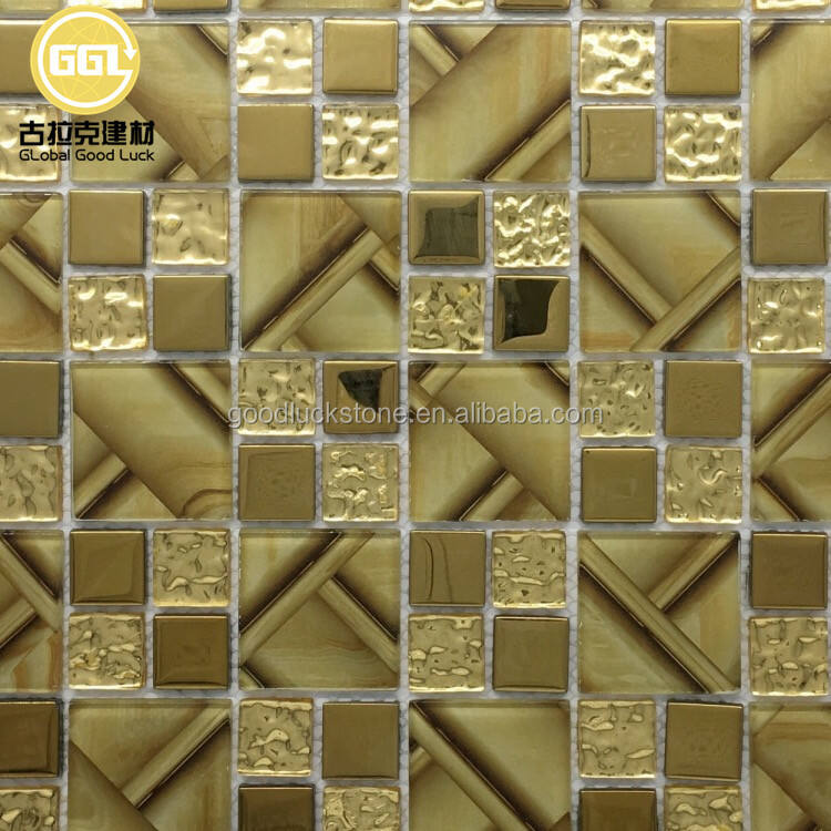 Gold Color Crystal Glass Blend Metal Glossy Mosaic Tile For Wall Decor