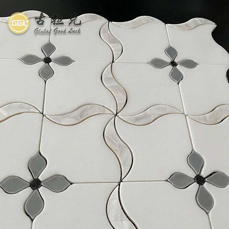 White Marble Shape Waterjet Parquet Feature Mosaic Tile Inlay Shell For Interior Decoration