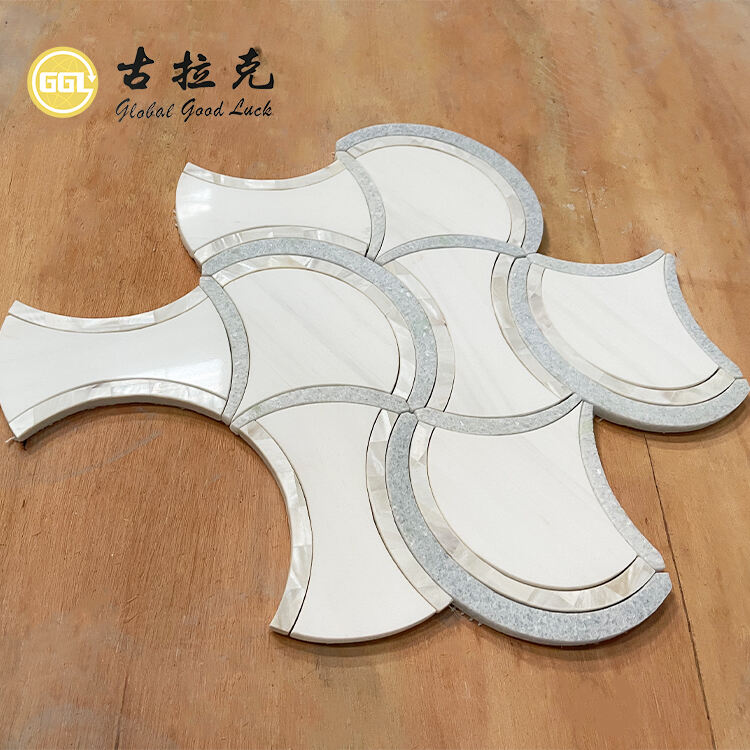 Home Decor White Fan Shape Water Jet Marble Mix Shell Mosaic Tile Interior Wall Backsplash Mosaic