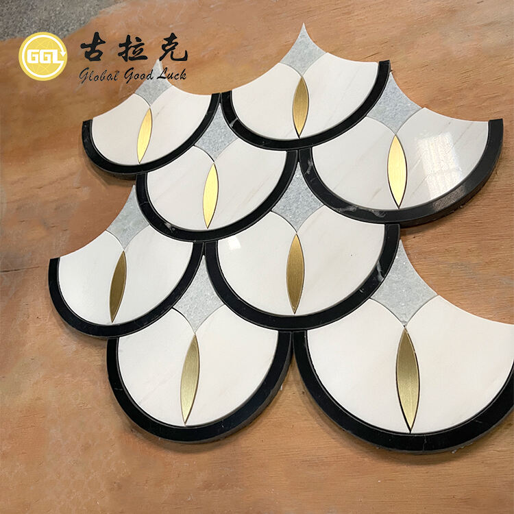 Fan Shape Pattern Marble Waterjet Mosaic Tile Inlay Brass For Wall Floor Decor