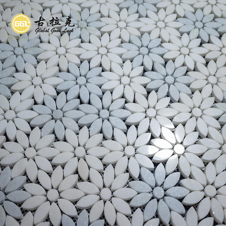Backsplash Wall Decoration White Mix Blue Flower Pattern Waterjet Mosaic Tiles