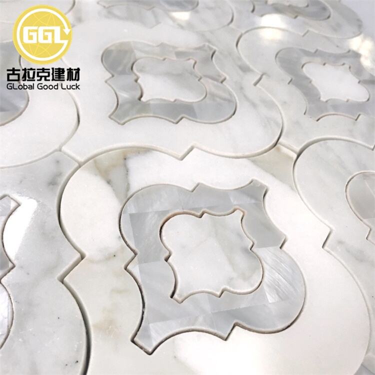 Waterjet Marble Mosaic Tile Lantern Shape White Mother of Pear Shell