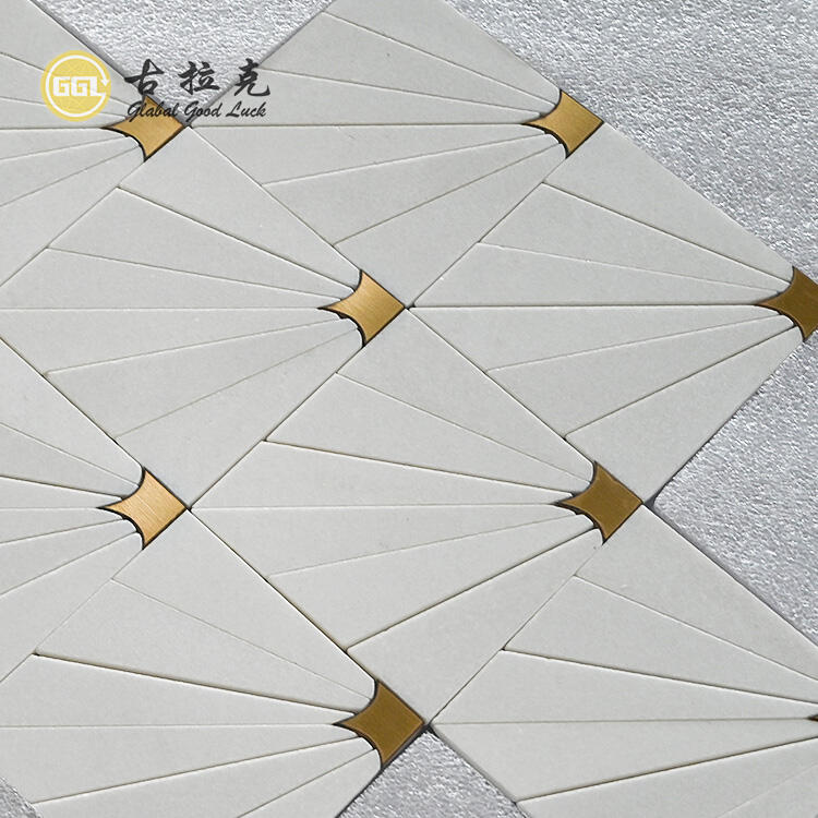 Square Thassos White Marble Mix Brass Mosaic Wall Tile