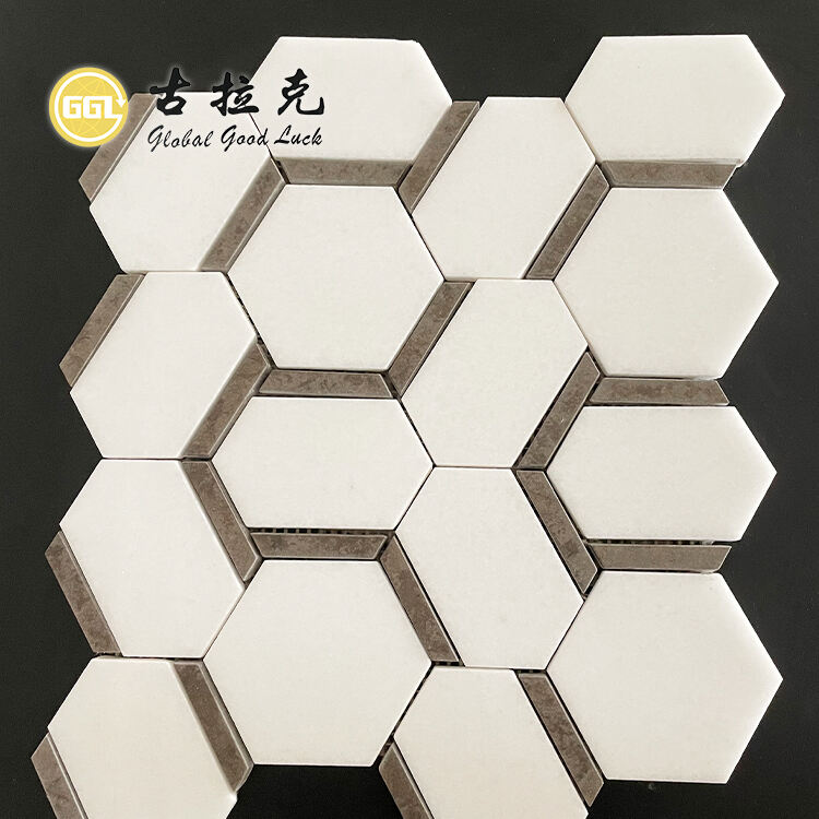 White Hexagon Marble Mosaic Tile with Brown Edge Stone Tile for Home Decor