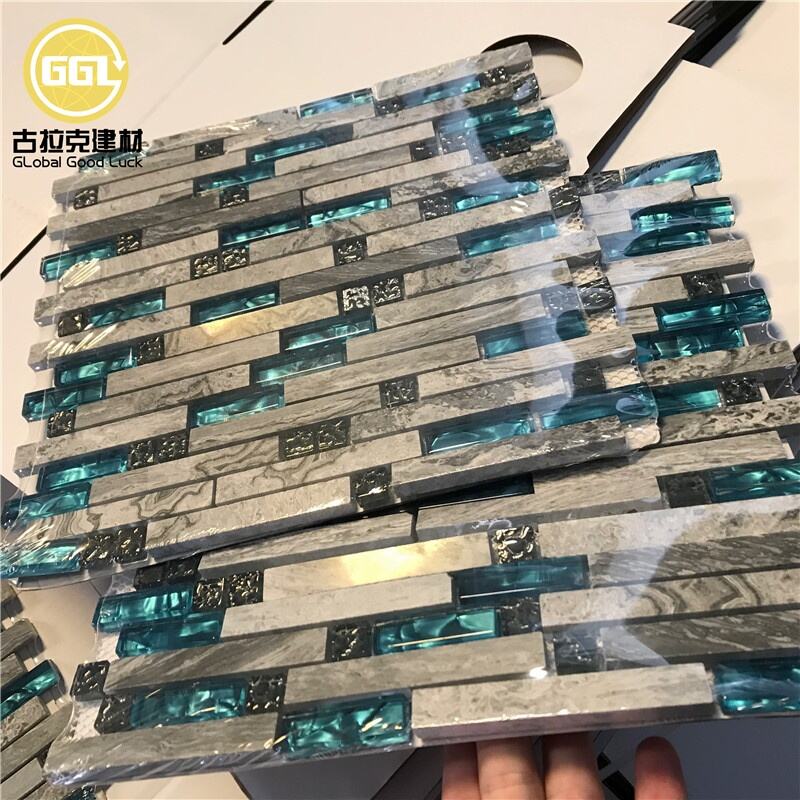 Strip Marble Mix Crystal Glass Mosaic Wall Kitchen Backsplash Bathroom Mosaic Tile