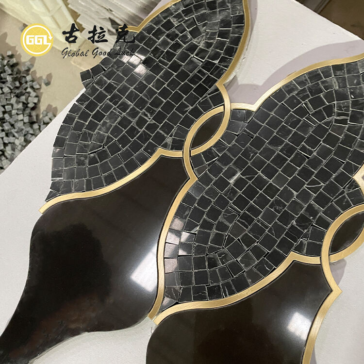 Polished Black Marble Waterjet Mosaic Inlay Brass For Wall Tile