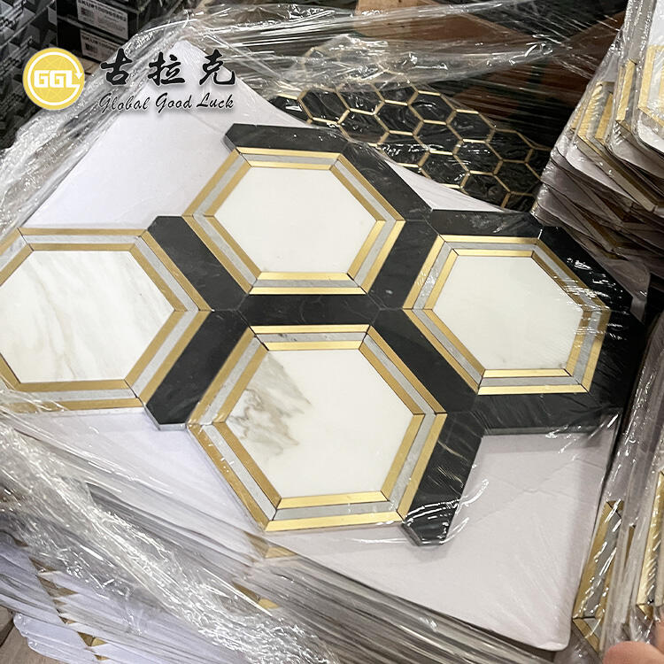 Hexagon Shape Marble With Brass Waterjet Mosaic Tile