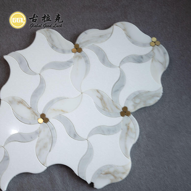 Flower Shape Marble Mosaic Inlay With Brass Dot Waterjet Mosaic Tile