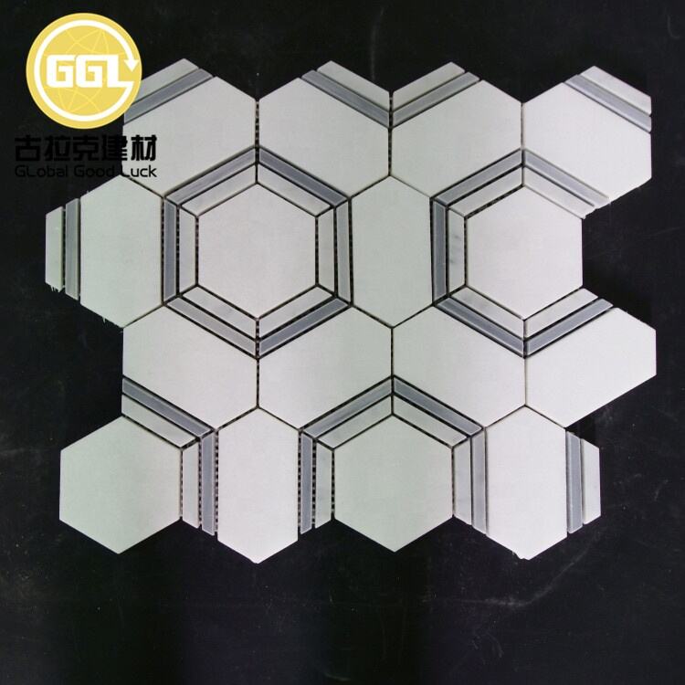 Contemporary Hexagon Pattern Design White and Grey Marble Mosaic Tile for Bathroom or Kitchen